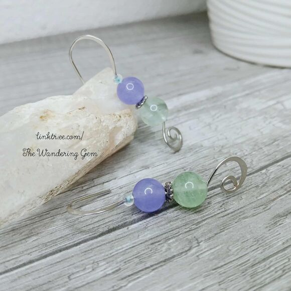 Hammered Gemstone Beaded Dangle Drop Earrings, Fluorite & Dyed Jade, 1.5" - Picture 4 of 4